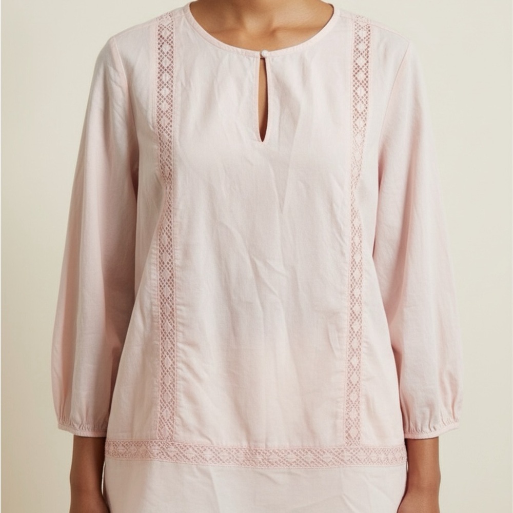 Lands'‎ End Light Pink Lace-Trim Keyhole Blouse